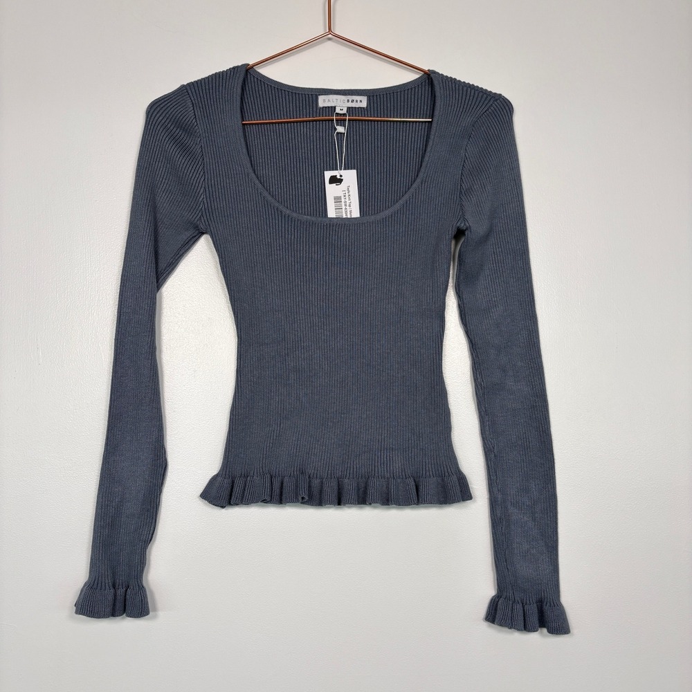 Baltic Born Womens Tayla Knit Top M Slate Blue Ribbed Ruffle Long Sleeve Sweater